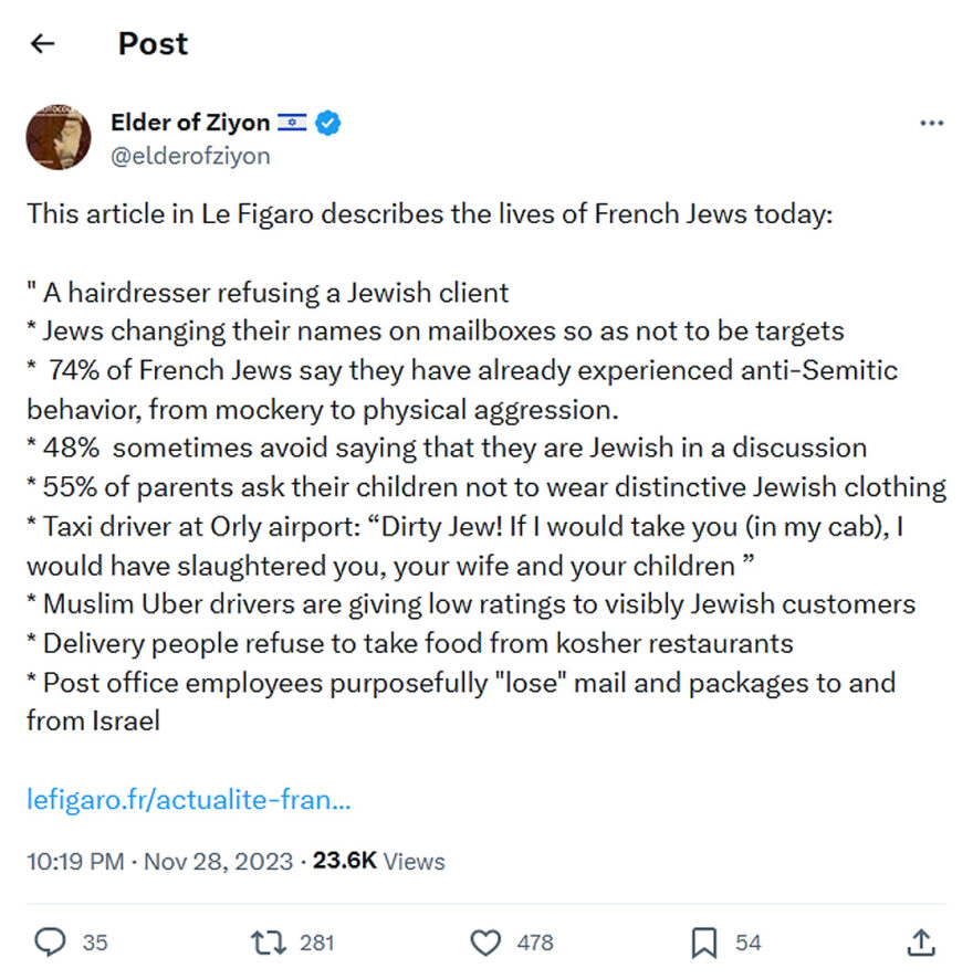 Elder of Ziyon-tweet-28November2023-The lives of French Jews today