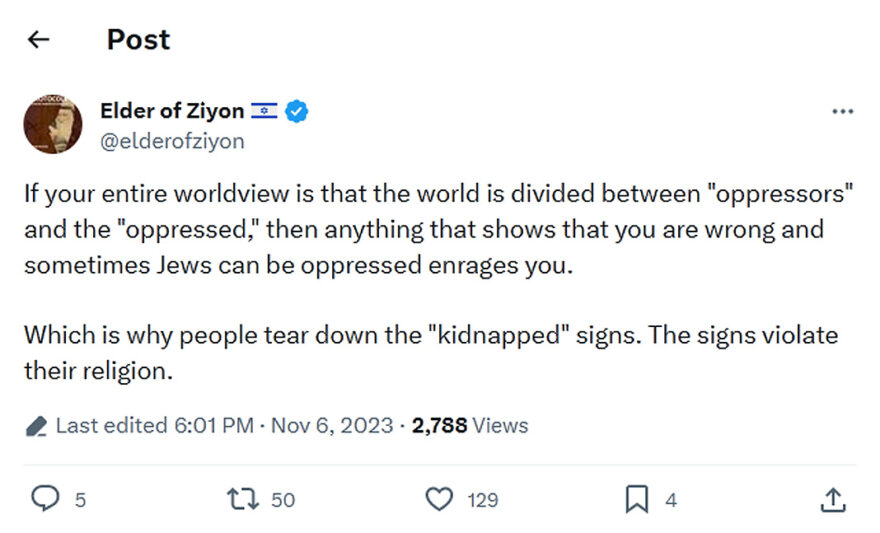 Elder of Ziyon-tweet-6November2023-If your entire worldview