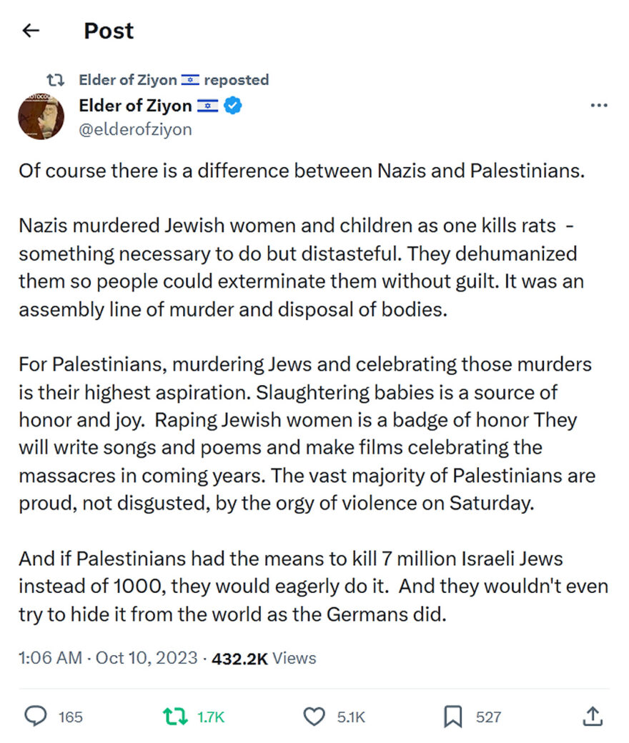 Elder of Ziyon-tweet-9October2023-difference between Nazis and Palestinians