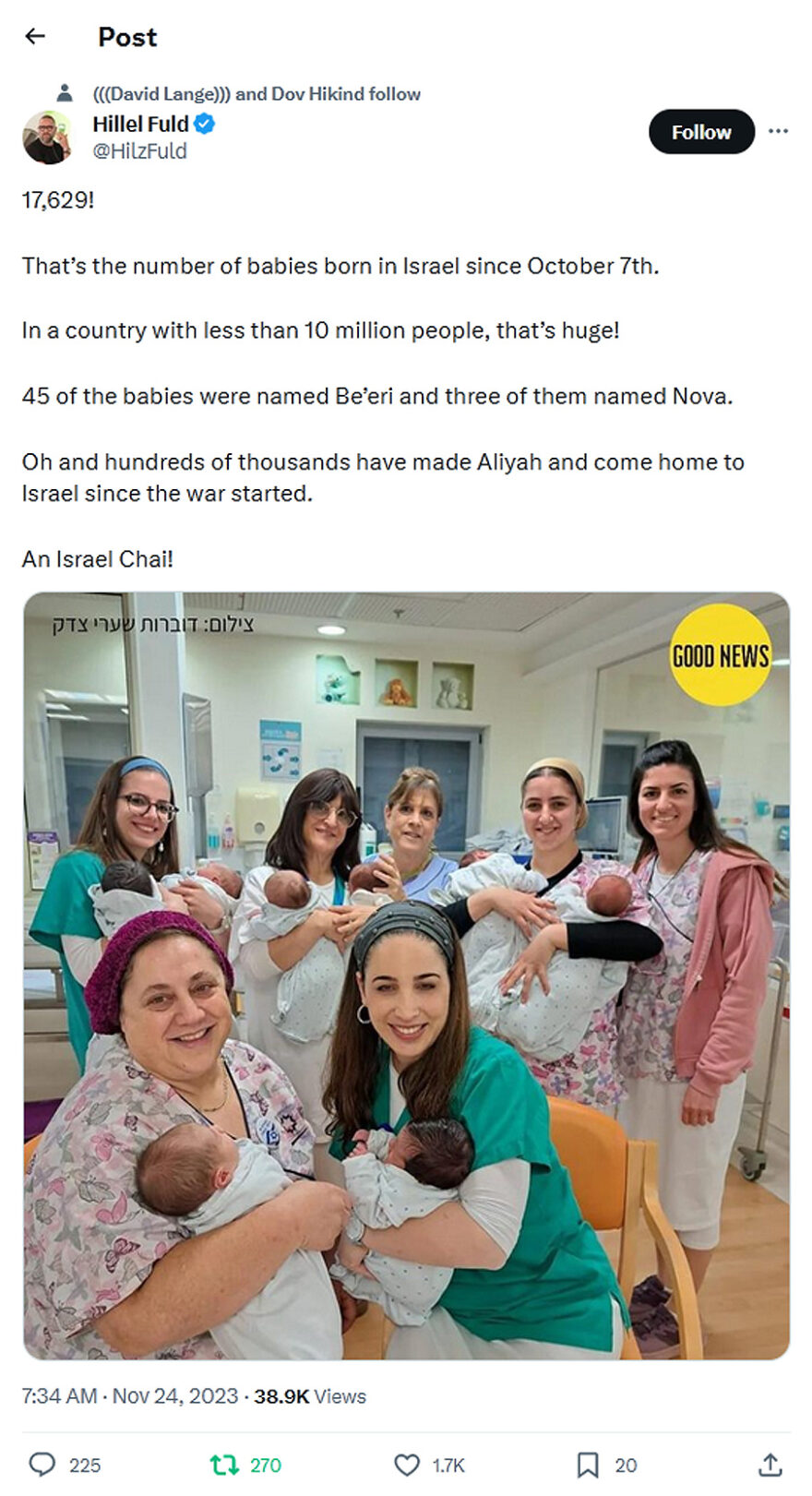 Hillel Fuld-tweet-24November2023-17,629 babies born in Israel since 7October2023