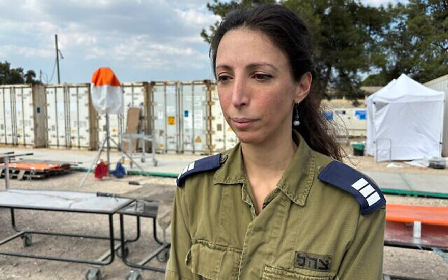 IDF Captain (Res) Maayan, part of the medical staff at the makeshift mass casualty morgue, at Shura Base, October 31, 2023. (Carrie Keller-Lynn/Times of Israel)