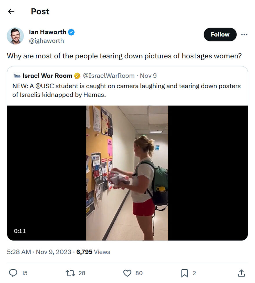 Ian Haworth-tweet-9November2023-Why are most of the people tearing down pictures of hostages women