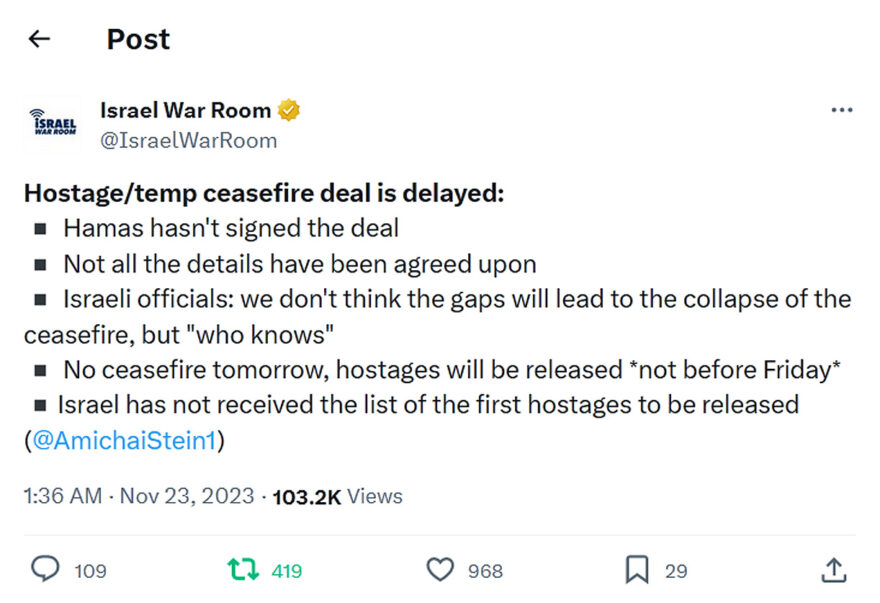 Israel War Rooms-tweet-22November2023-Hostage/temp ceasefire deal is delayed