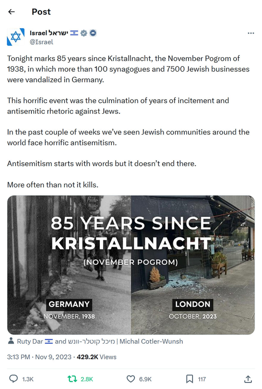 Israel-tweet-9November2023-Tonight marks 85 years since Kristallnacht