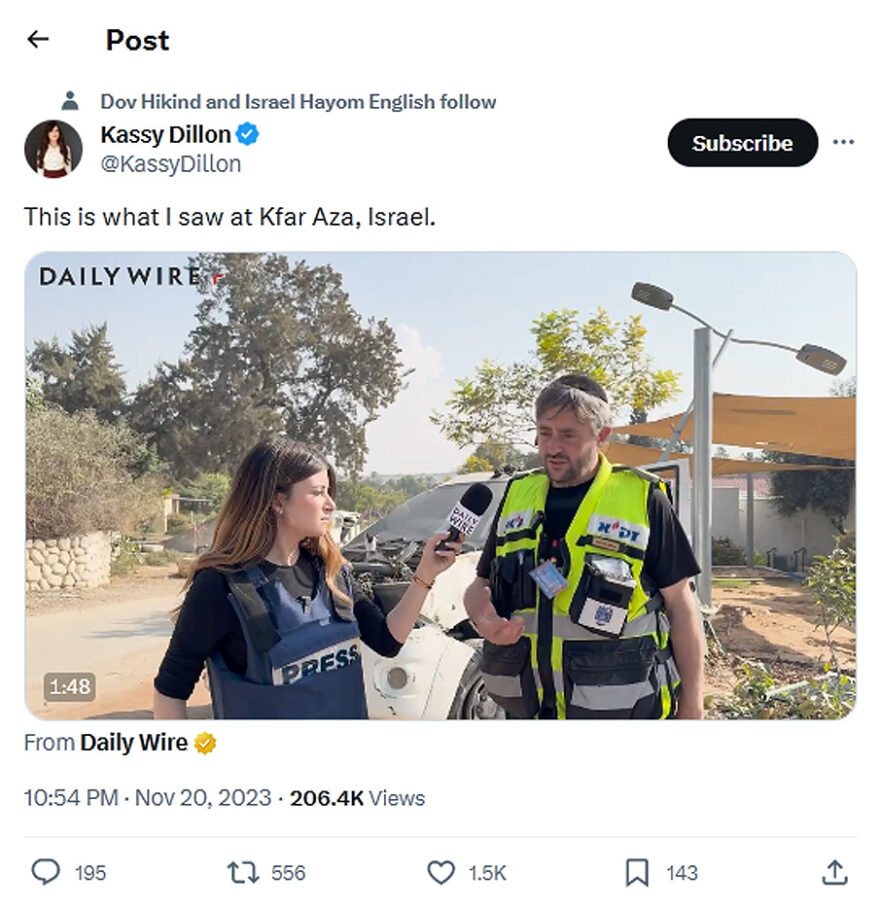 Kassy Dillon-tweet-20November2023-The Press Tours Hamas Massacre at Kfar Aza, Israel