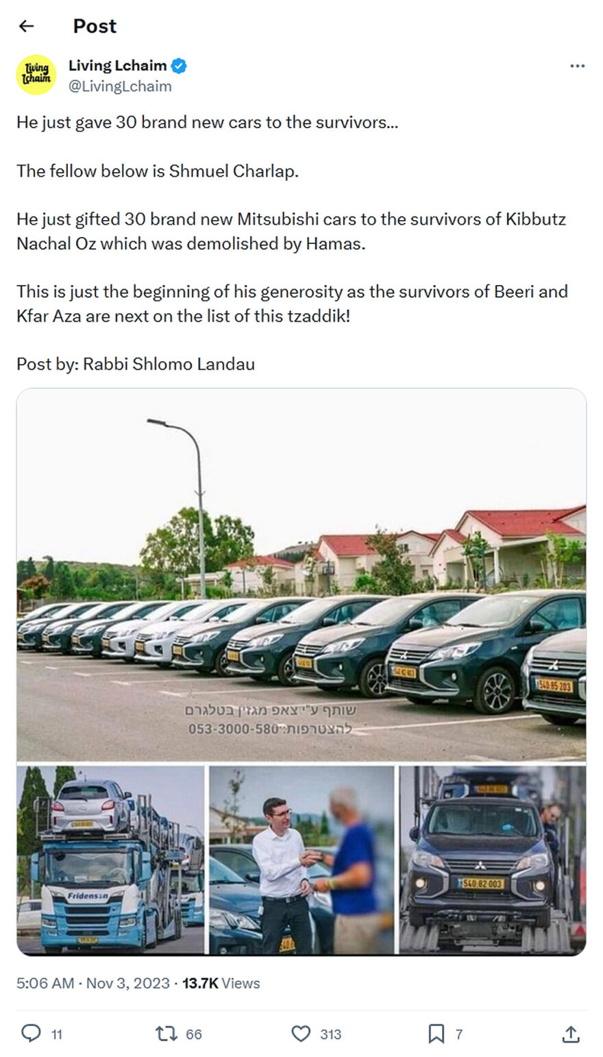 Living Lchaim-tweet-3November2023-He just gave 30 brand new cars to the survivors