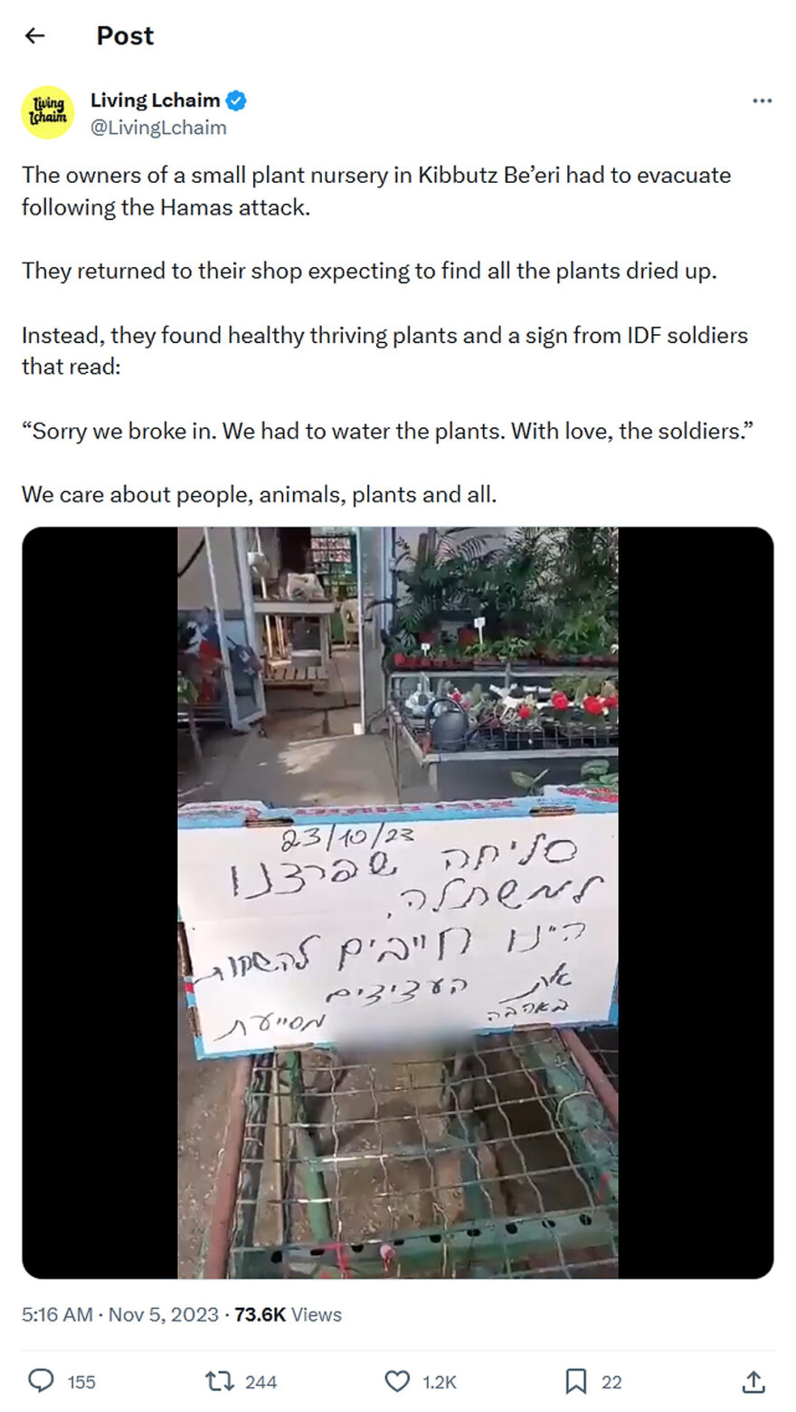 Living Lchaim-tweet-5November2023-The owners of a small plant nursery in Kibbutz Be’eri had to evacuate