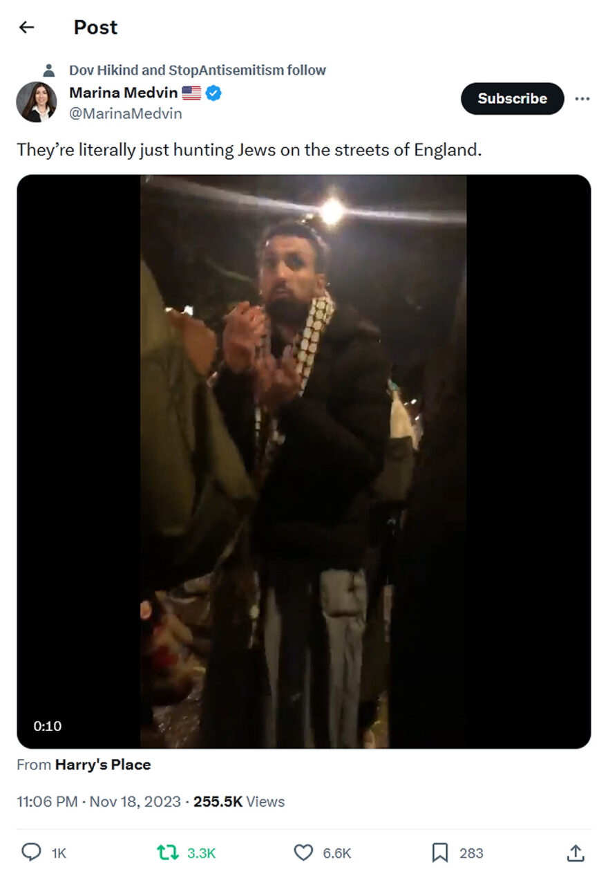 Marina Medvin-tweet-18November2023-They’re literally just hunting Jews on the streets of England