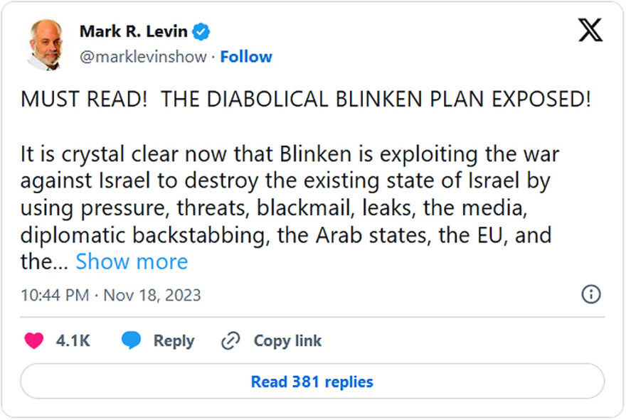 Mark R. Levin-tweet-18November-2023-the-diabolical-blinken-plan-exposed