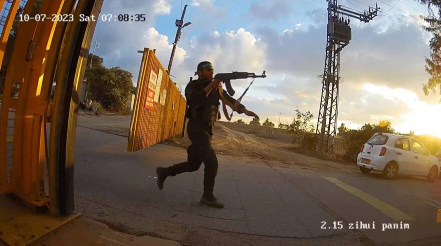 Member of Hamas’s Nukhba unit on October 7, captured by a surveillance camera in Kibbutz Alumim, Israel. Photo credit: South First Responders/Handout via REUTERS.