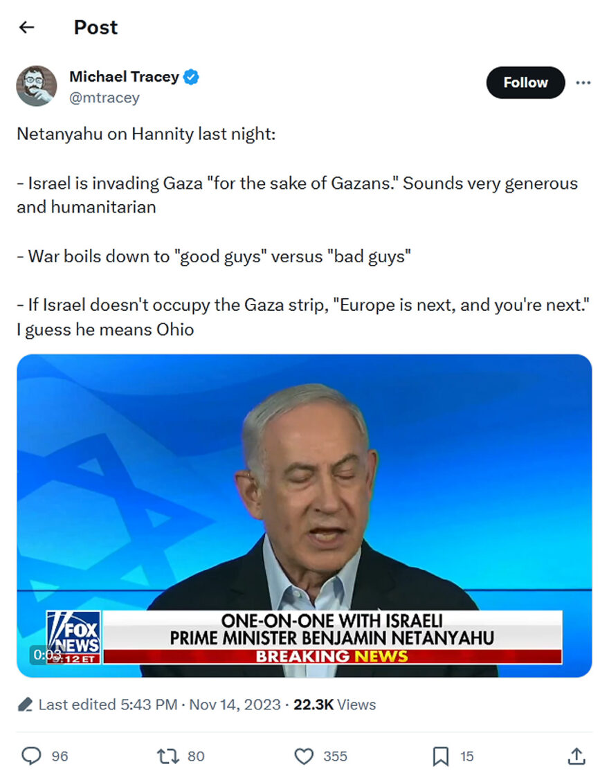 Michael Tracey-tweet-14November2023-Netanyahu on Hannity
