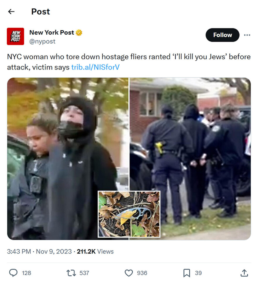New York Post-tweet-9November2023-NYC woman ranted-I’ll kill you Jews