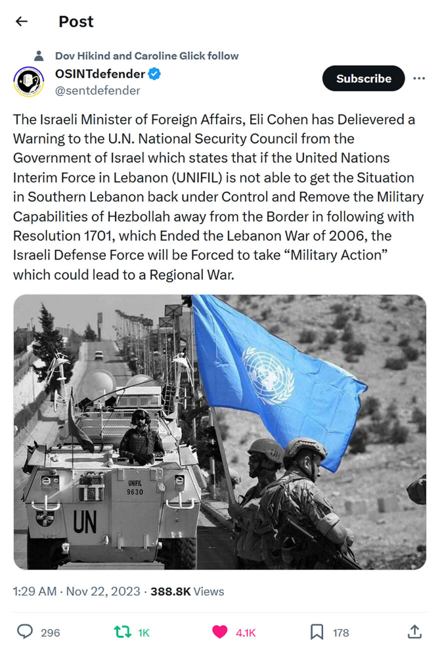 OSINTdefender-tweet-21November2023-UNIFIL act or IDF will be Forced to