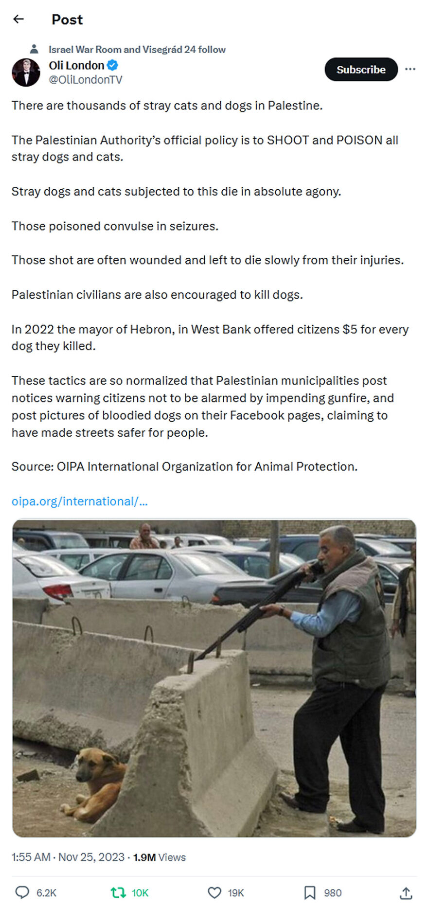 Oli London-tweet-24November2023-government sponsored animal abuse in palestinian authority