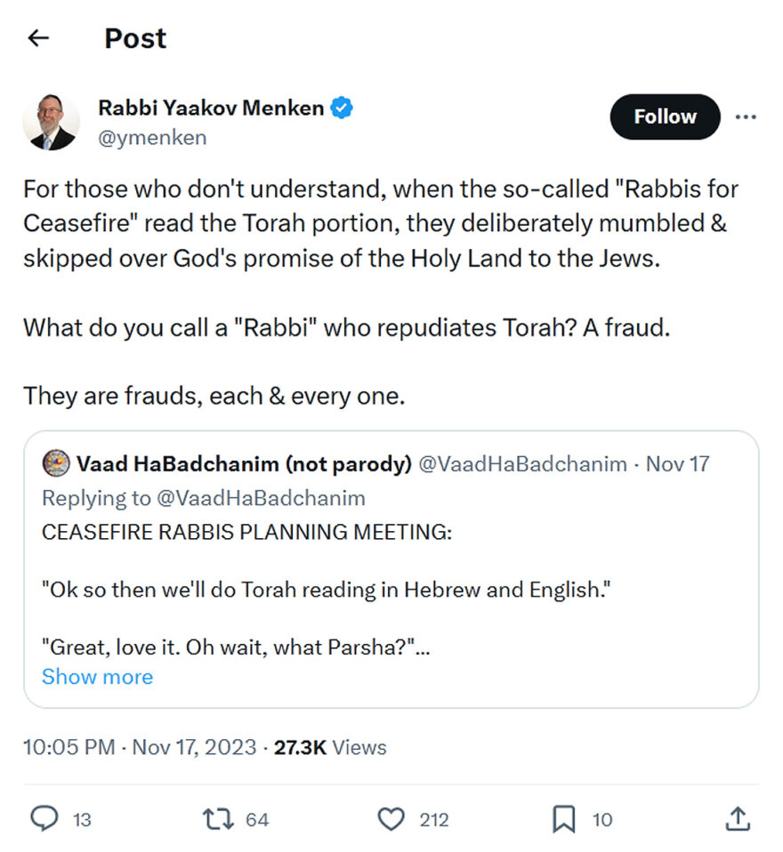 Rabbi Yaakov Menken-tweet-17November2023-Rabbi who repudiates Torah-A fraud