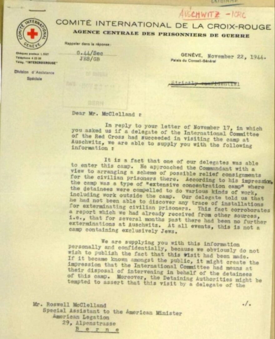 Red Cross in 1944-We found no trace of installations for exterminating civilian prisoners in Auschwitz