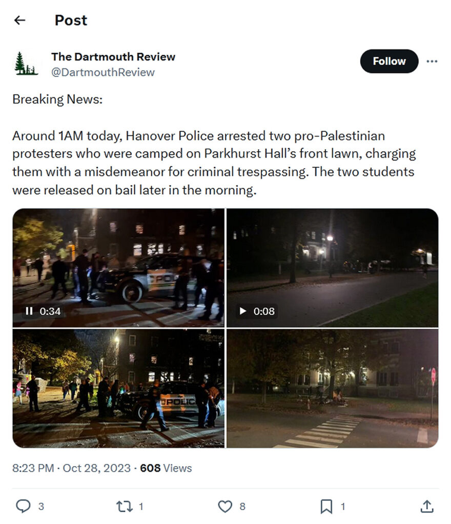 The Dartmouth Review-tweet-28October2023-Hanover Police arrested two pro-Palestinian protesters