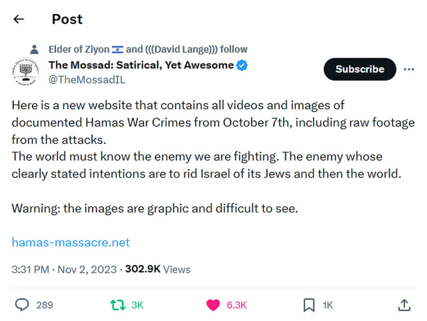 The Mossad Satirical, Yet Awesome-tweet-2November2023-Hamas Massacre Videos