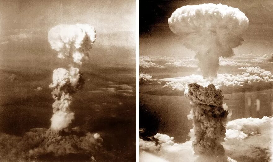 The atomic bomb mushroom clouds over Hiroshima (left) and Nagasaki (right)