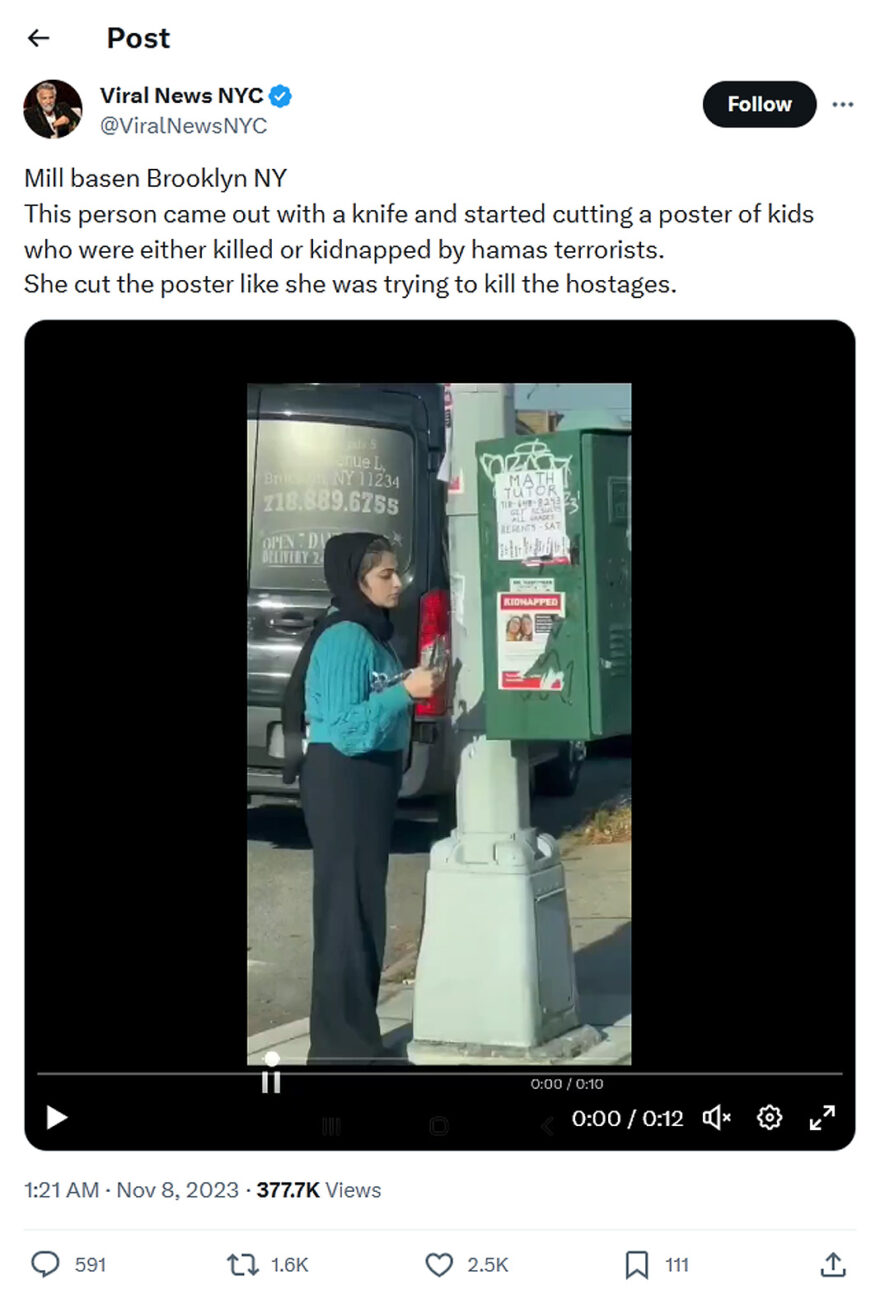 Viral News NYC-tweet-7November2023-She cut the poster like she was trying to kill the hostages