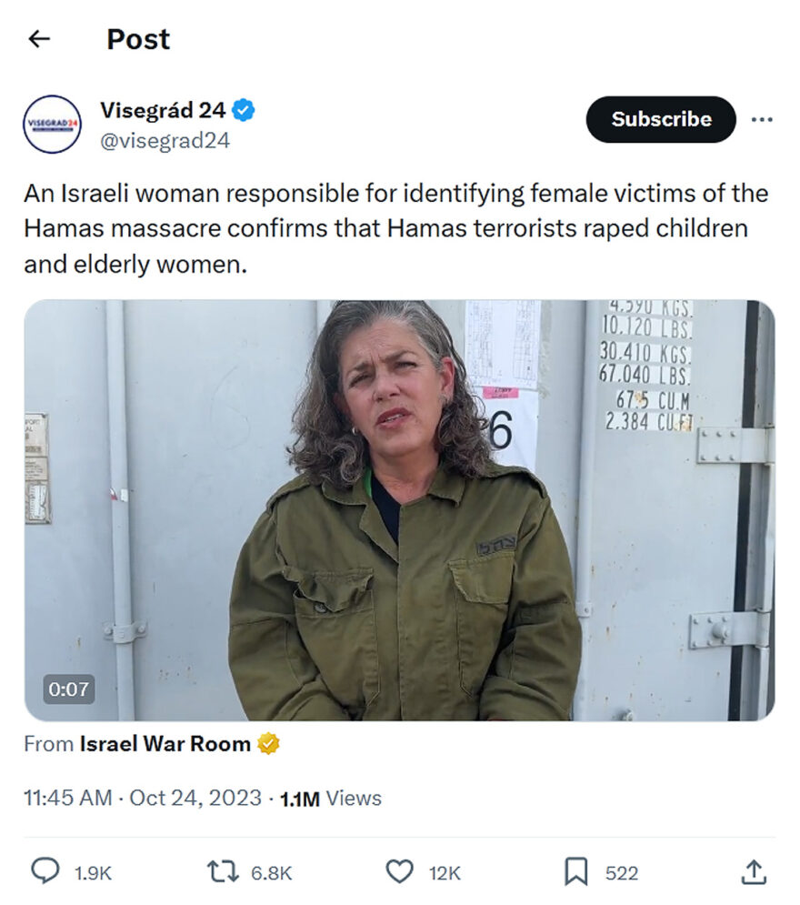 Visegrád 24-tweet-24October2023-An Israeli woman responsible for identifying female victims of the Hamas massacre confirms that Hamas terrorists raped children and elderly women.