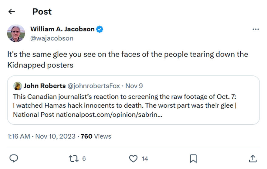 William A. Jacobson-tweet-9November2023-It's the same glee you see