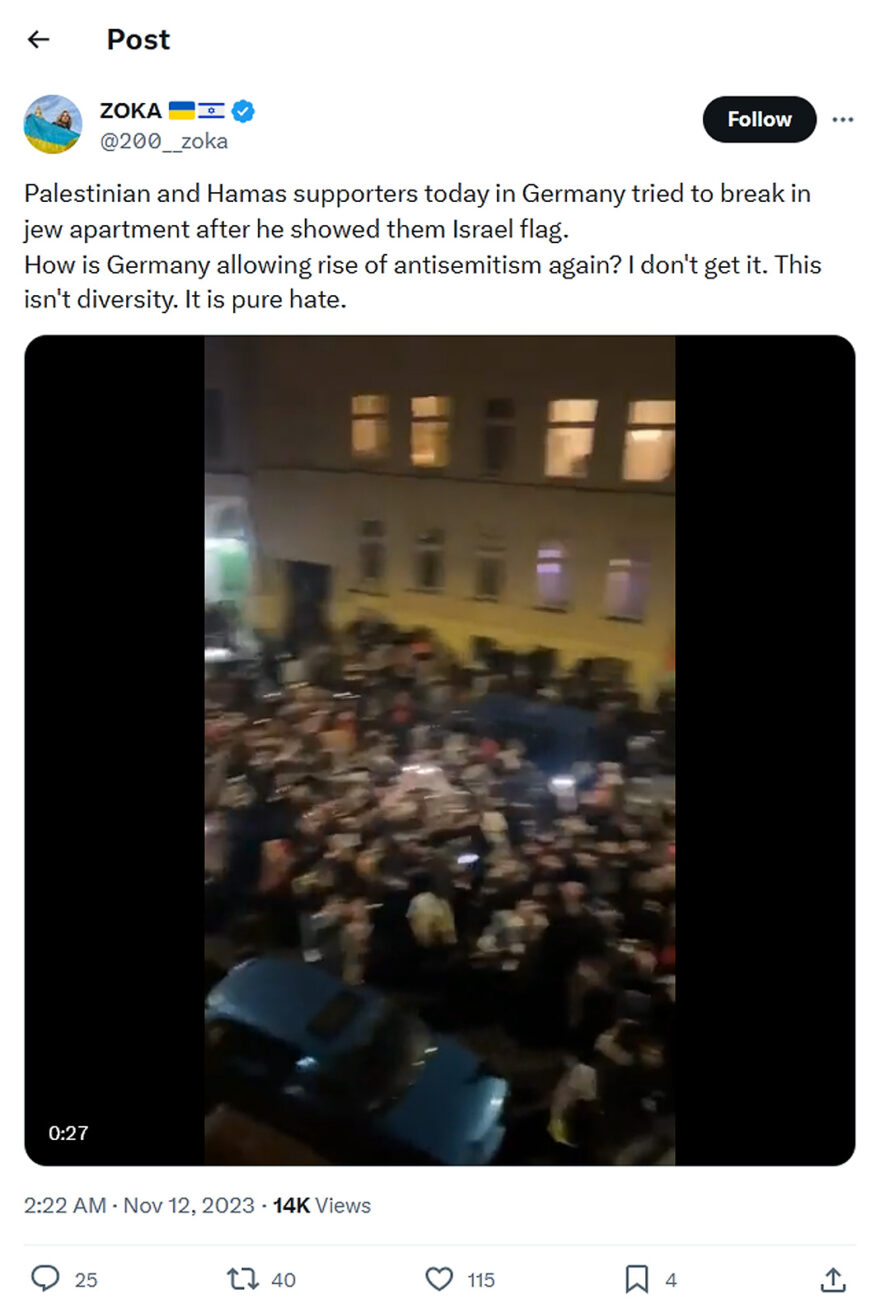 ZOKA-tweet-12November2023-Palestinian and Hamas supporters today in Germany tried to break in jew apartment