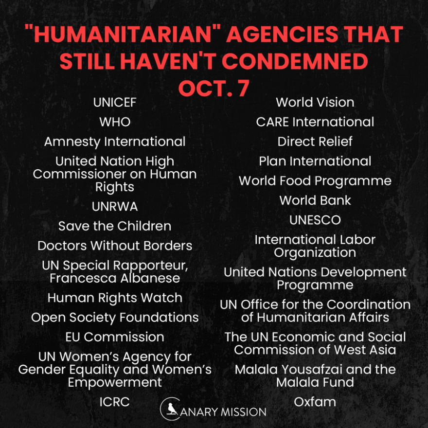 humanitarian agencies that still haven't condemned 7October2023