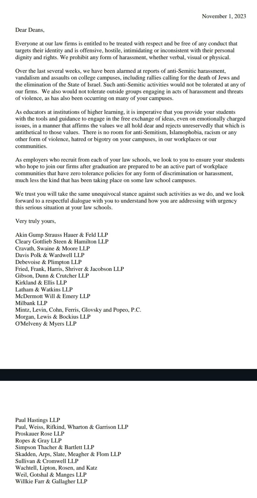 largest law firms-Letter to Deans