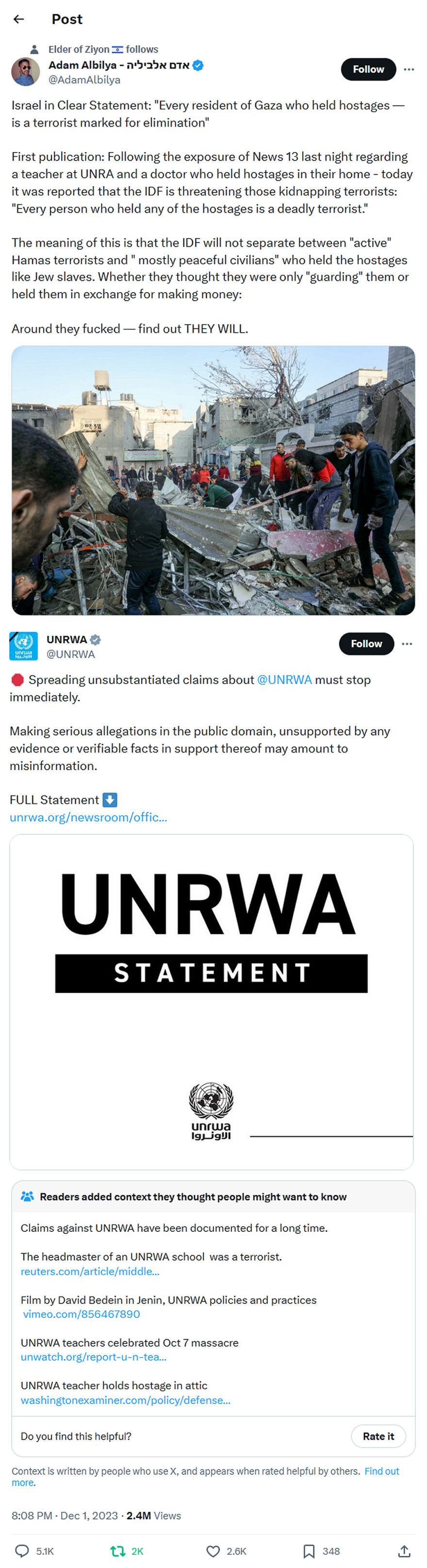 Adam Albilya-tweet-1December2023-UNRWA-FAFO