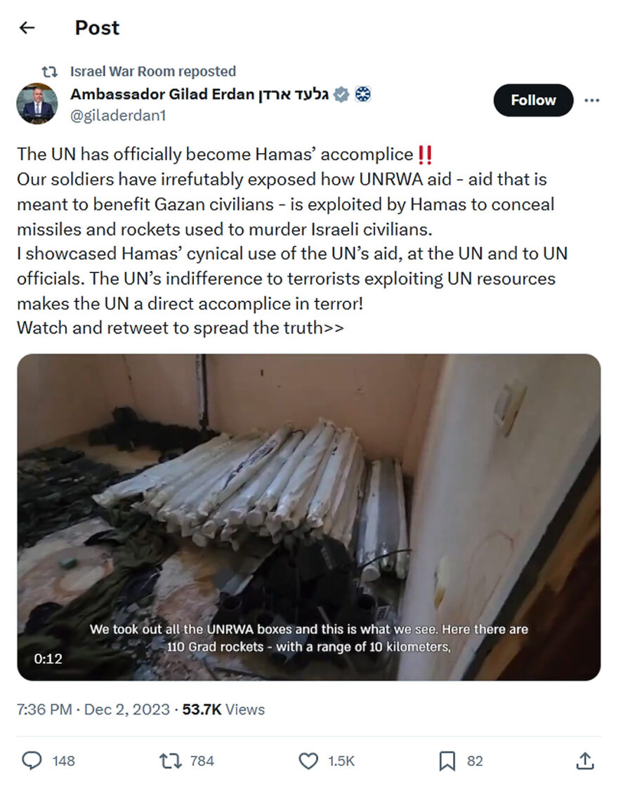 Ambassador Gilad Erdan-tweet-2December2023-UN has officially become Hamas’ accomplice