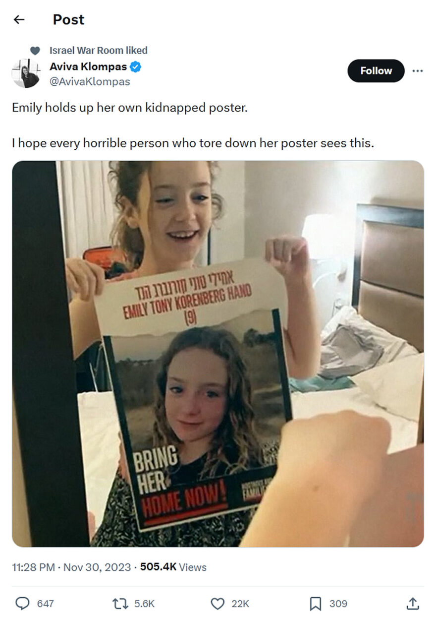 Aviva Klompas-tweet-30November2023-Emily holds up her own kidnapped poster
