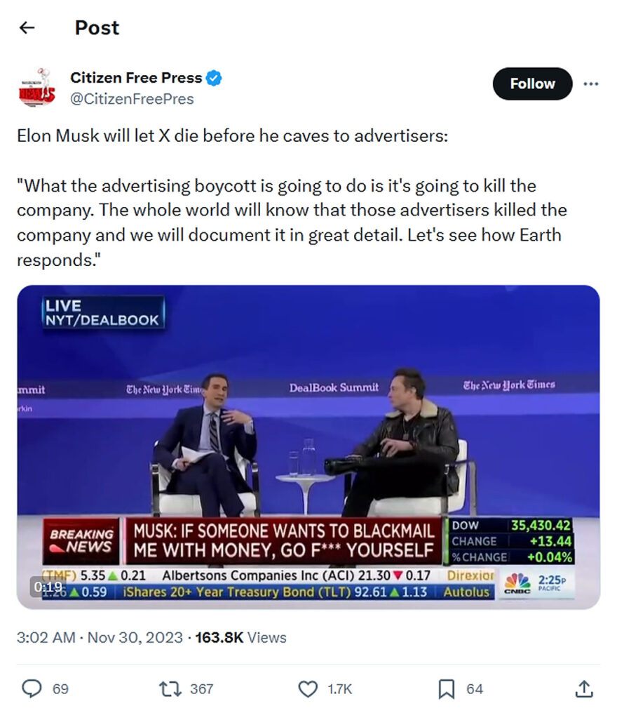Citizen Free Press-tweet-30November2023-Elon Musk will let X die before he caves to advertisers