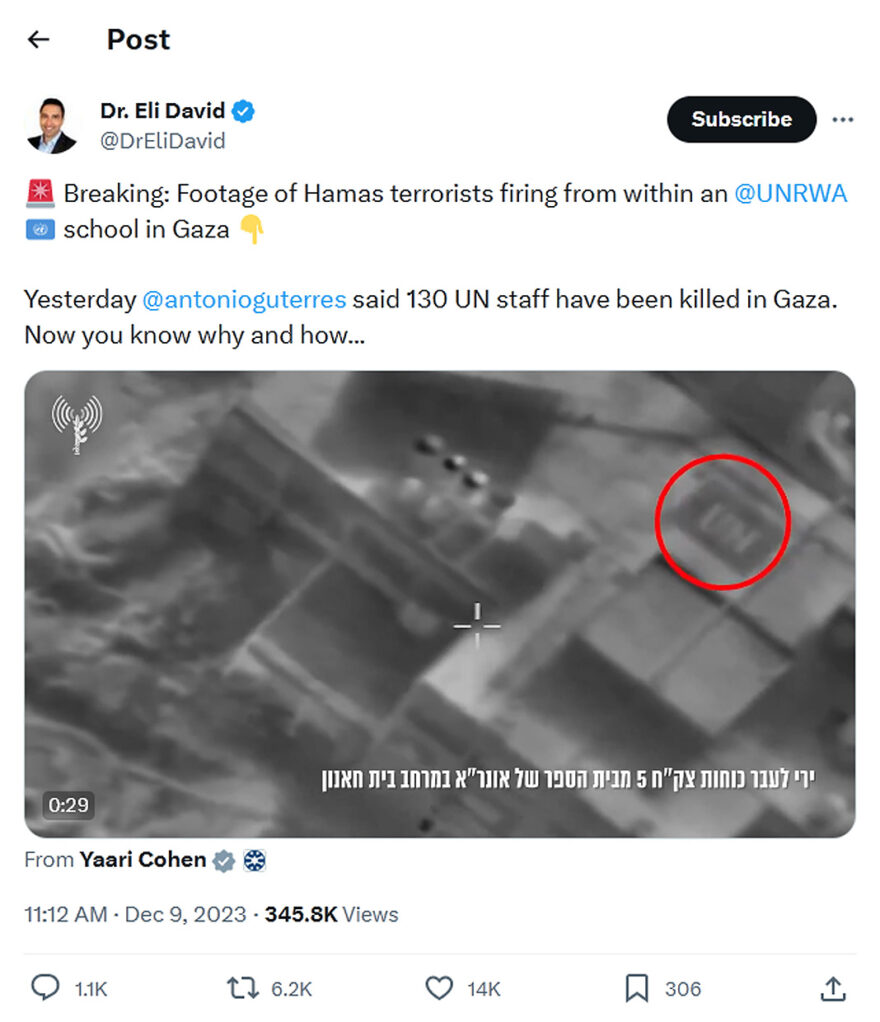Dr. Eli David-tweet-9December2023-Hamas terrorists firing from within an UNRWA School