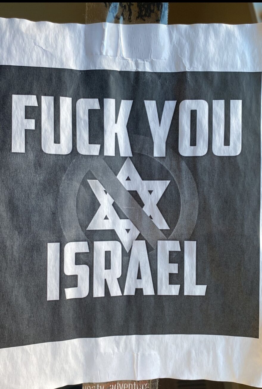 Several copies of this flyer were posted onto poles adjacent to a Moishe House building in Seattle, Washington, October 24, 2023. (John Michael Graves)