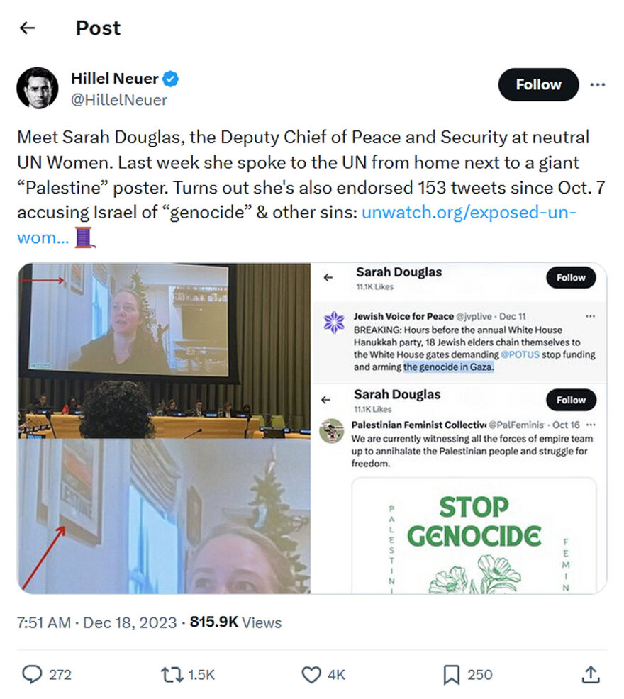 Hillel Neuer-tweet-18December2023-Meet Sarah Douglas-UN Women