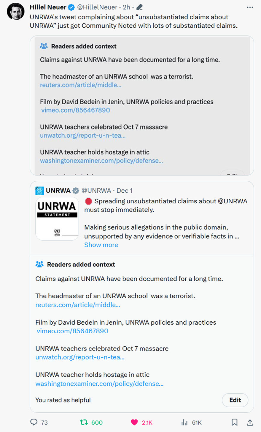 Hillel Neuer-tweet-2December2023-UNRWA's tweet complaining
