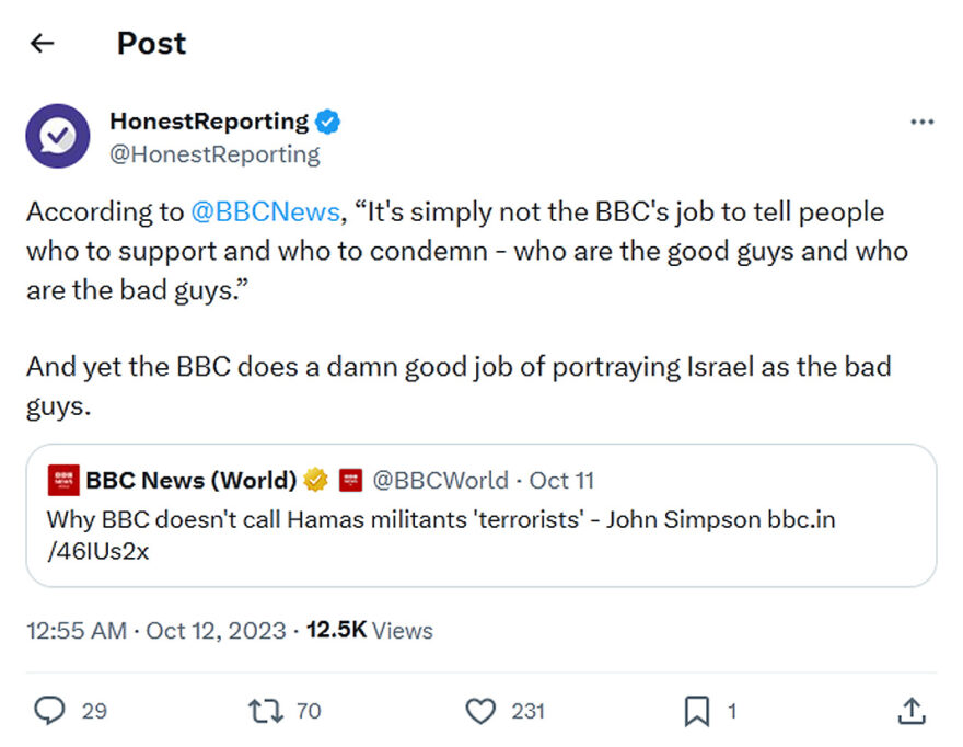 HonestReporting-tweet-11October2023-According to BBCNews