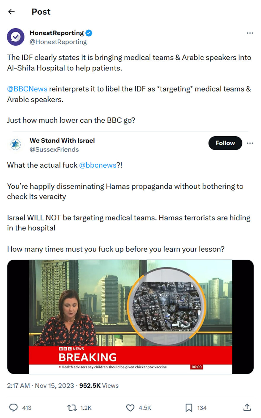 HonestReporting-tweet-15November2023-BBCNews reinterprets it to libel the IDF
