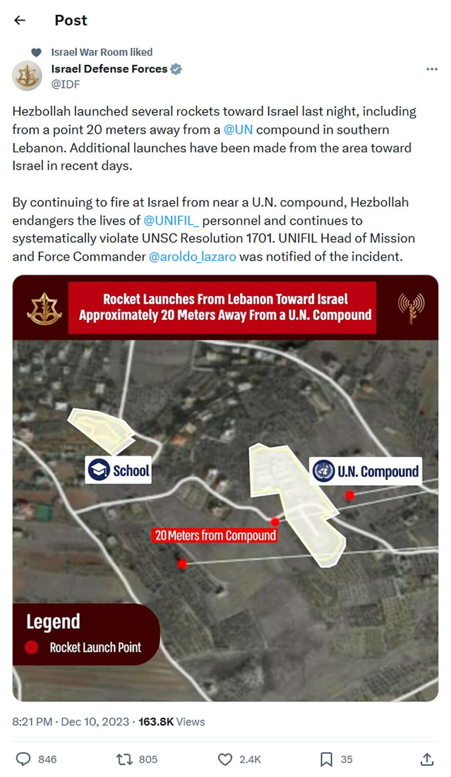 Israel Defense Forces-tweet-10December2023-Hezbollah launched rockets from near UN compound