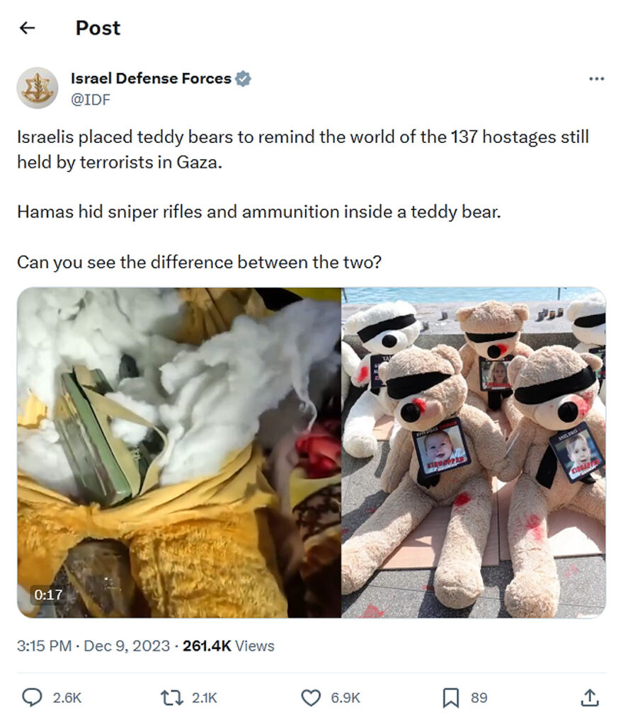 Israel Defense Forces-tweet-9December2023-Hamas hid sniper rifles and ammunition inside a teddy bear