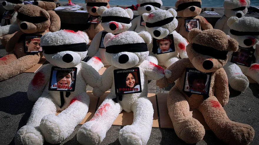 Israel teddy bear display highlights Hamas' child hostages