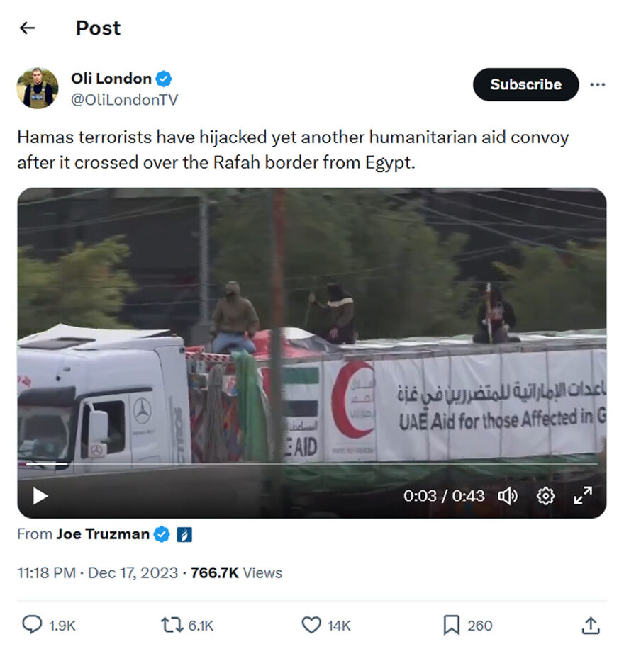 Oli London-tweet-17December2023-Hamas Steals Humanitarian Aid