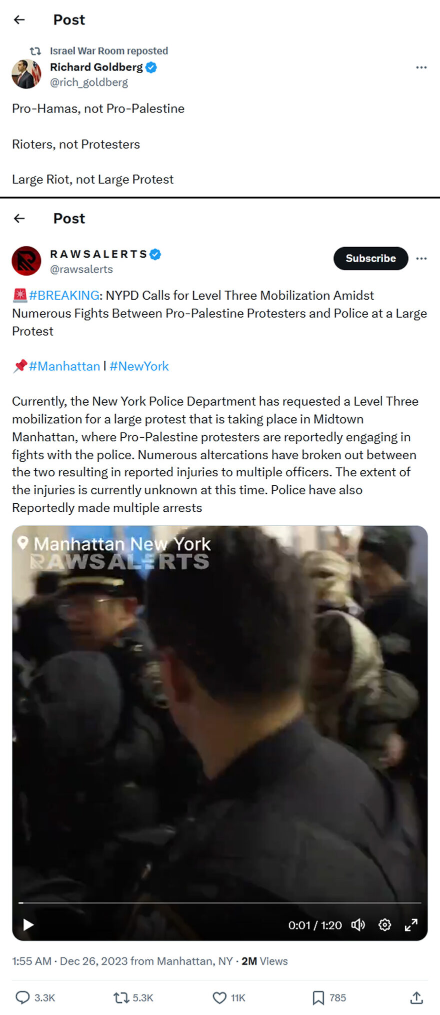 Richard Goldberg-tweet-26December2023-NYPD Calls for Level Three Mobilization Amidst Numerous Large Riots Between Pro-Hamas Rioters and Police