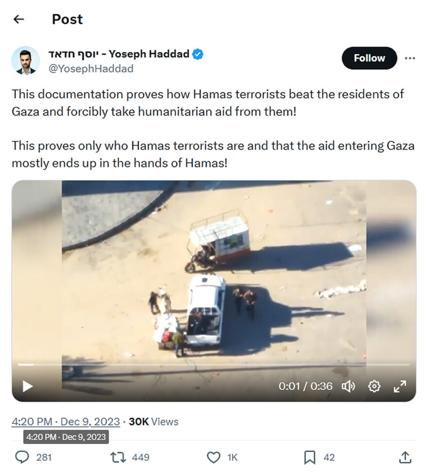 Yoseph Haddad-tweet-9December2023-Hamas terrorists beat Gazian and take humanitarian aid from them