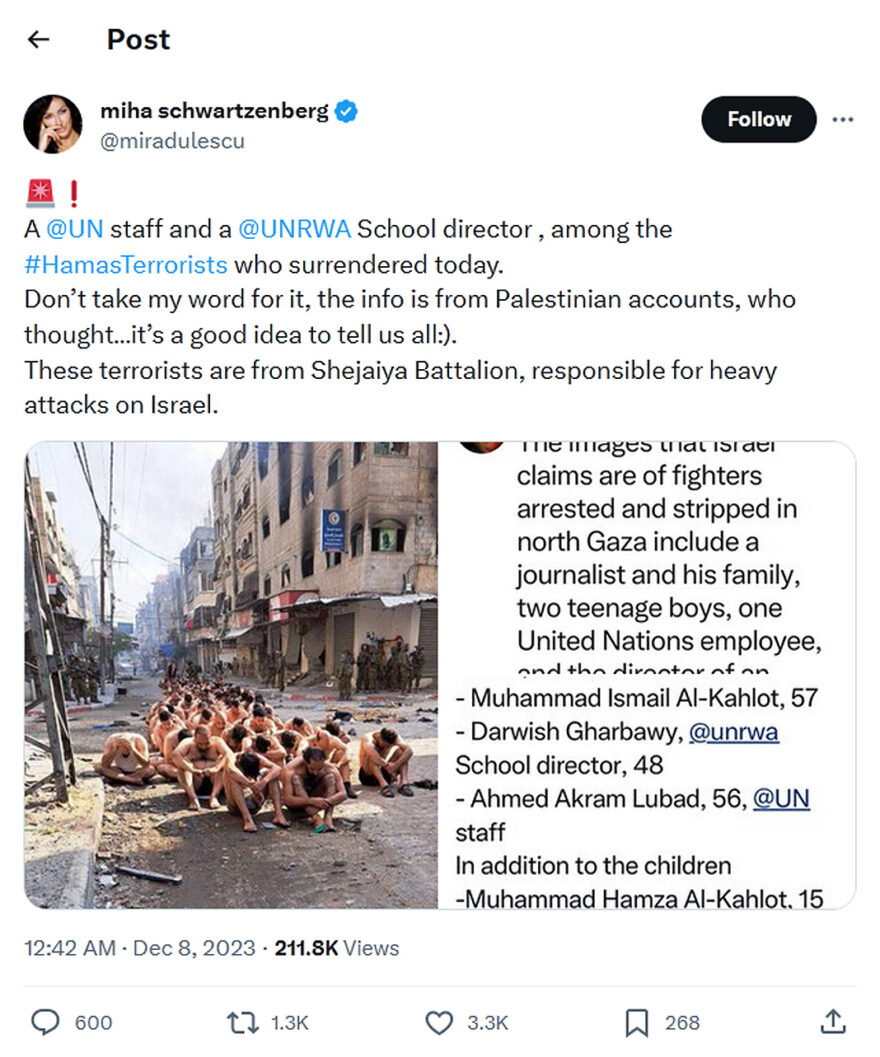 miha schwartzenbergs-tweet-7December2023-UN-UNRWA staff are Hamas Terrorists surrendered