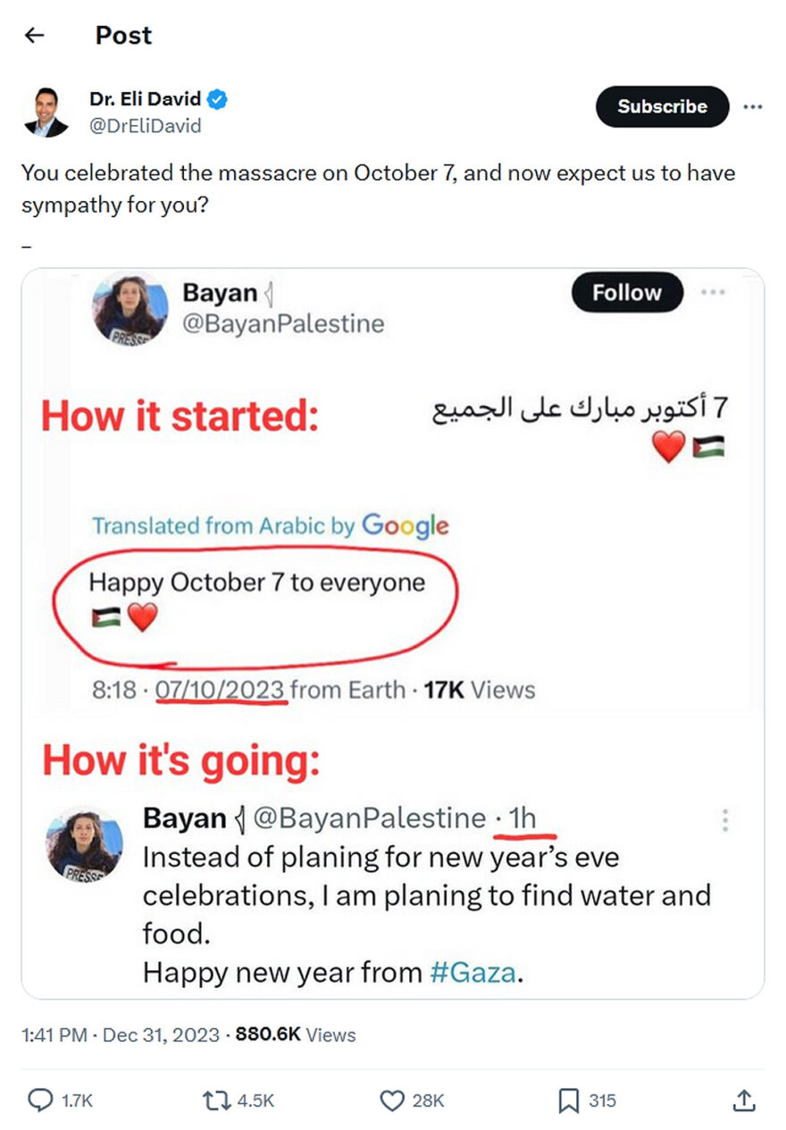 Dr. Eli David-tweet-31December2023-You celebrated the massacre on 7October and now expect us to have sympathy for you?