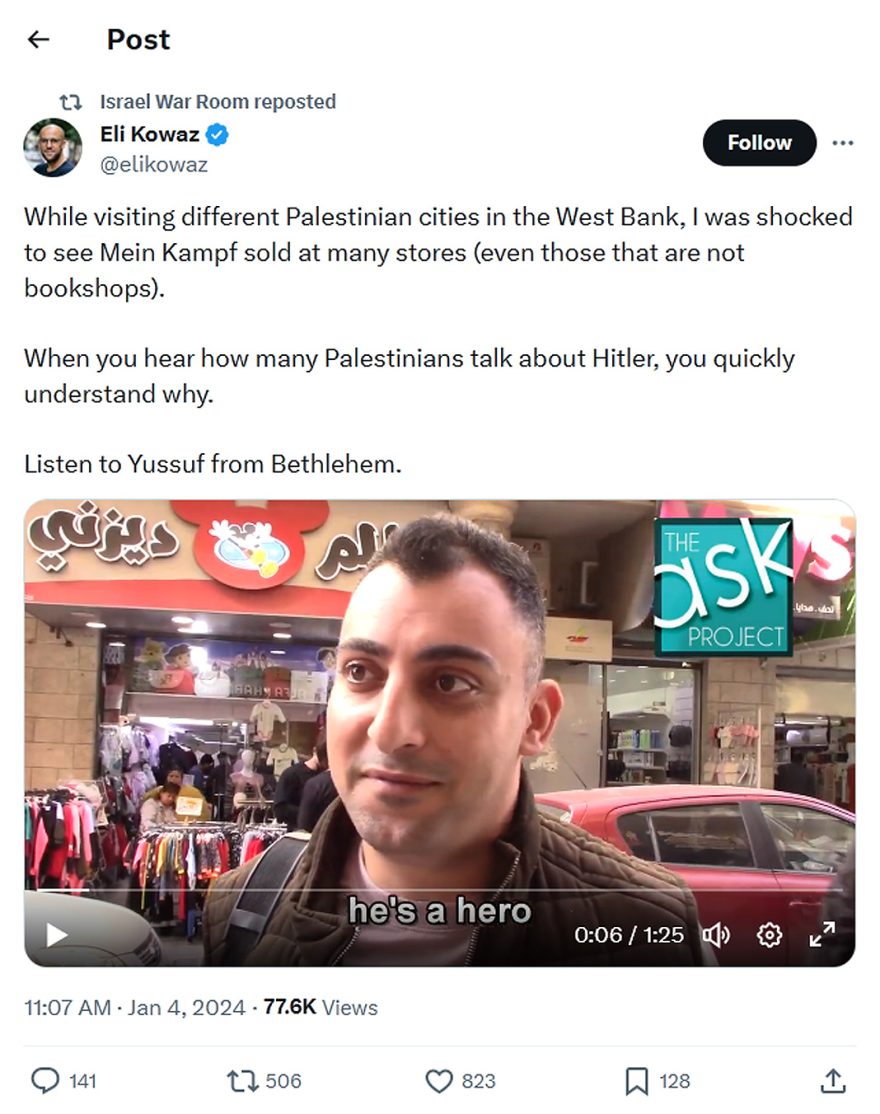 Eli Kowaz-tweet-4January2024-Mein Kampf sold at many Palestinian stores