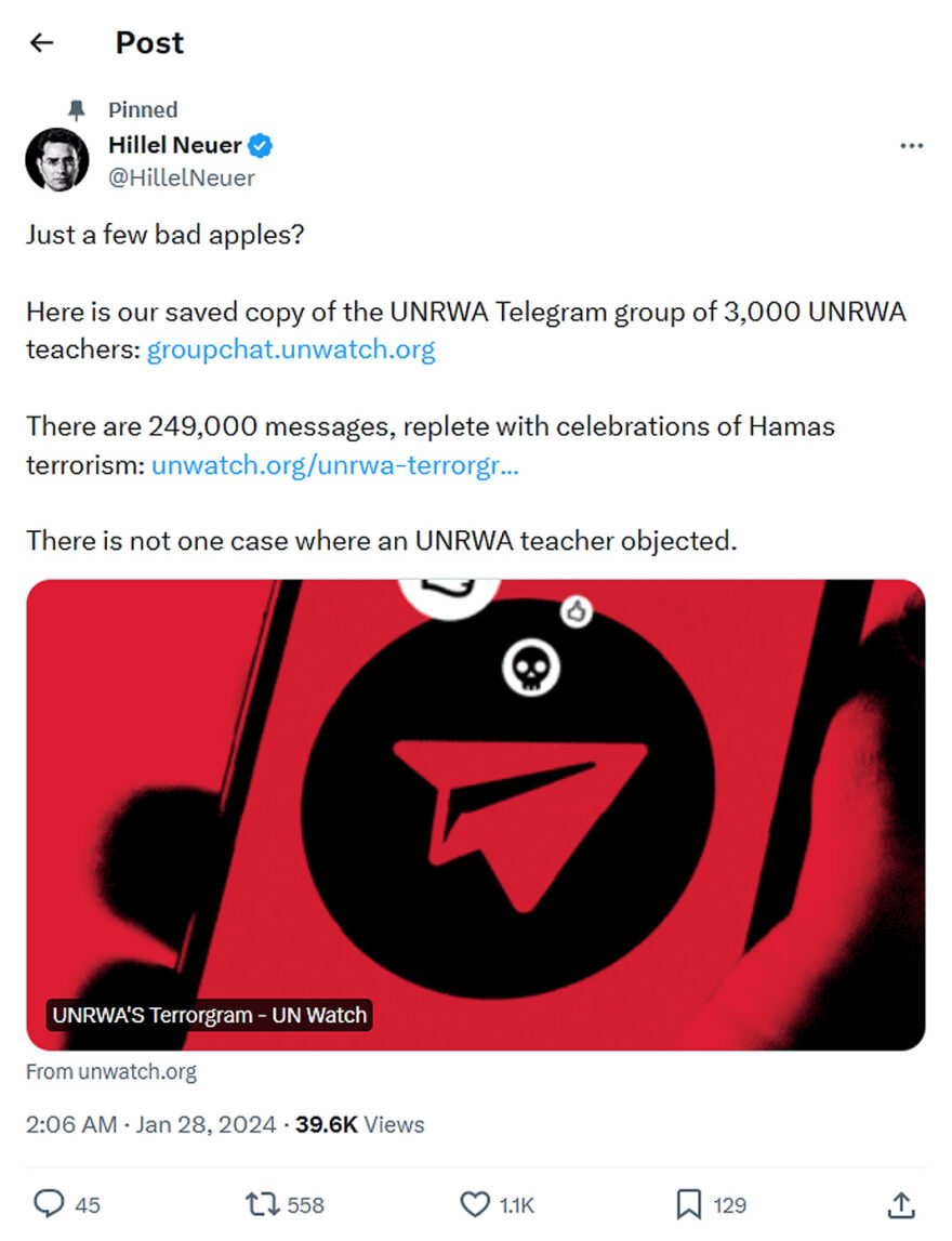 Hillel Neuer-tweet-28January2024-UNRWA Telegram group