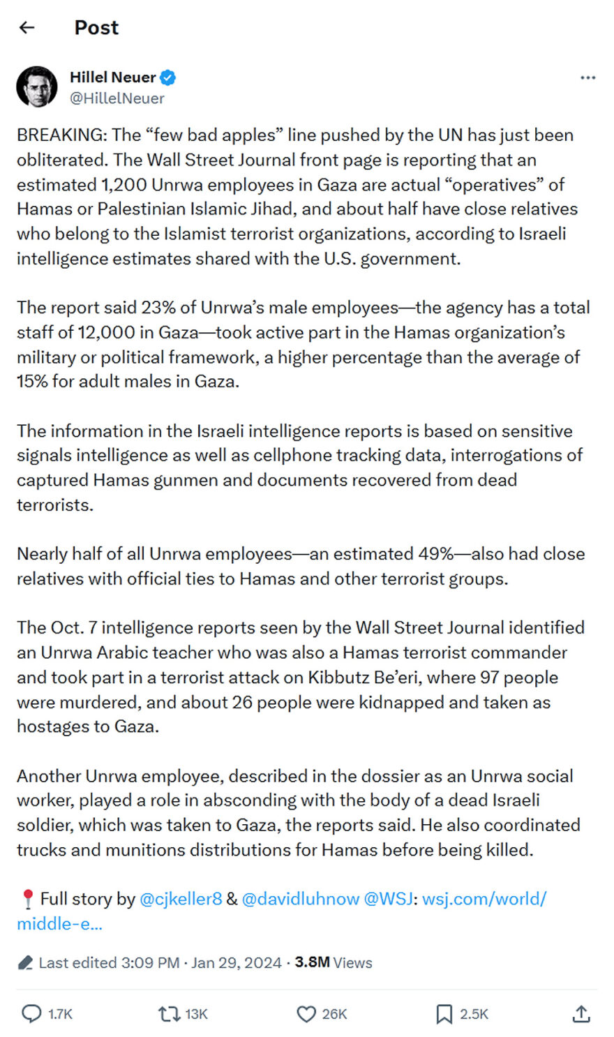 Hillel Neuer-tweet-29January2024-1,200 UNRWA employees are Hamas or PIJ